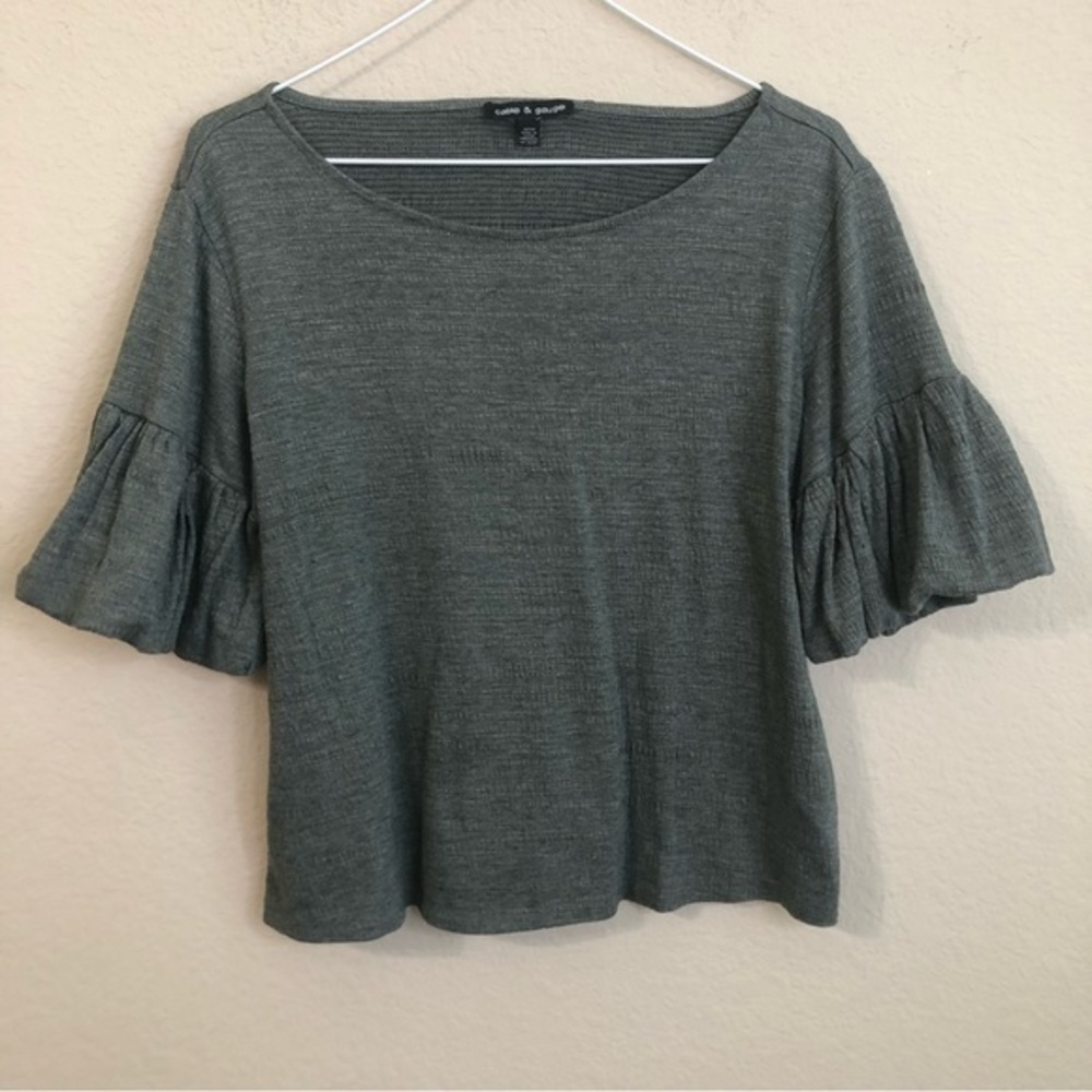 Cable & Gauge Top Puffy Bubble Short Sleeve Wide Crew Neck Slate Green Grey